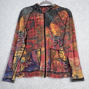 Vtg Y2K Zip Up Hoodie Womens L/XL Asian 90s Thrashed Grunge Artsy Festival Lucky